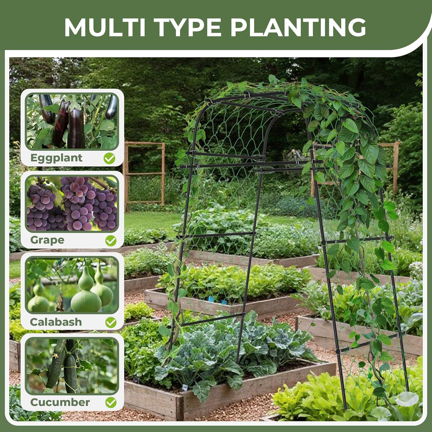 Garden Arch Trellis for Climbing Plants, Rust-Proof Metal Plant Support for Cucumber Tomato Grape Vine, Outdoor  for Raised Bed Backyard, Black, 6.7FT