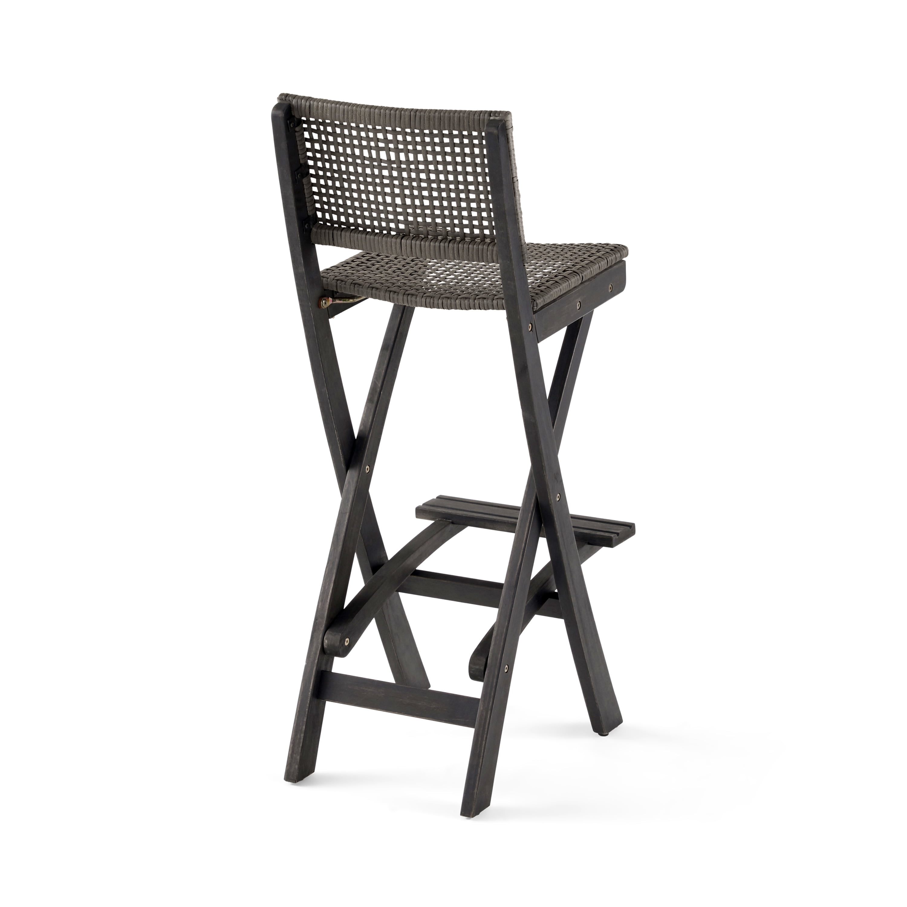 Outdoor Folding Bar Stool Set of 2 41.75 Inch, Acacia Wood Frame with PE Rattan Backrest, Dark Gray