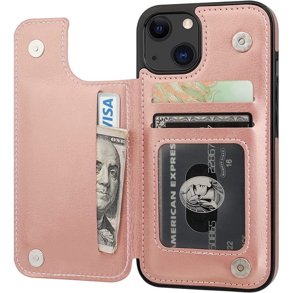 REQO Compatible with iPhone 13 Wallet Case with Card Holder, PU Leather Kickstand Card Slots Case, Double Magnetic Clasp Durable Shockproof Cover 6.1 Inch(Rose Gold)
