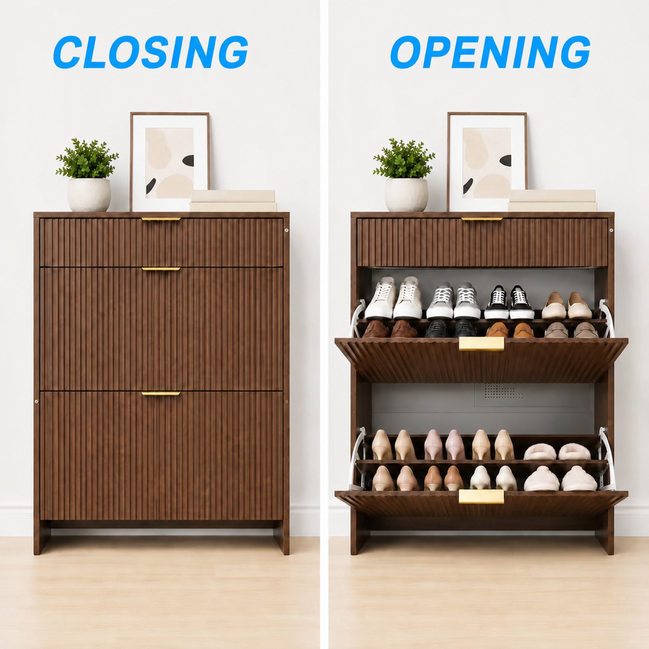 GDF Studio Solus Narrow Fluted Shoe Storage Cabinet with Gold Pull Handles, Modern Slim Hallway Organizer, Walnut