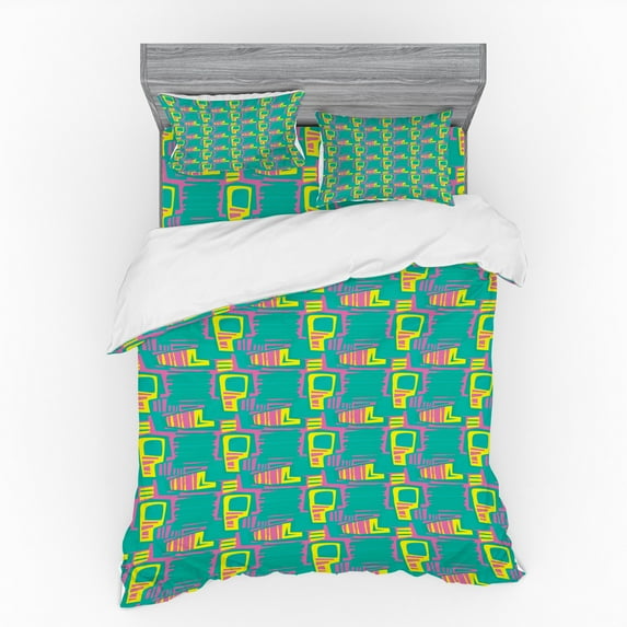 Ambesonne Retro Bedding Set 4 Pcs, Colorful Whimsical Shapes, Queen, Green Pale Fuchsia and Yellow