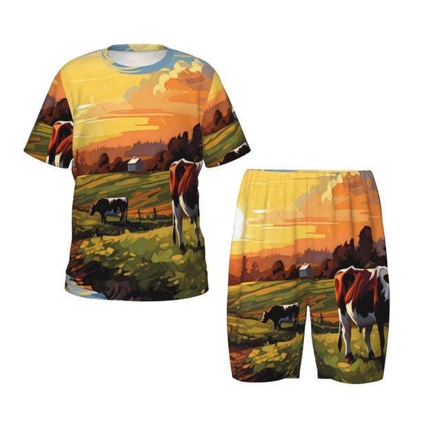 Fotbe Oil Painting Style Pasture Cow Pijama Estampada de 2 Piezas para Niños – Ropa de Dormir de Manga Corta Cómoda para Niños y Niñas, Camiseta y Shorts de Algodón-Medium