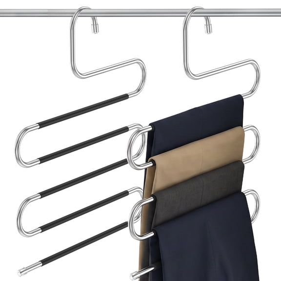 2 Pack Pants Hangers Space Saving, Stainless Steel Closet Organizer Non-Slip Multi-Tier Rack for Jeans and Trousers