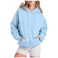 thumbnail image 3 of Women's Blouse Fall Winter Loose Fit Hooded Long Sleeve Bubble Cuff Off the Shoulder with Pocket Solid Color Leisure Flannel Sweatshirts Hoodies(Light Blue,M), 3 of 6