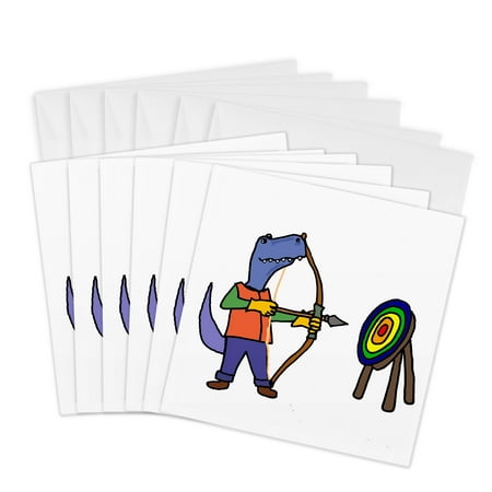 3dRose, Funny T-rex Dinosaur Practicing Archery with Bow and Arrow, 6 Greeting Cards with envelopes
