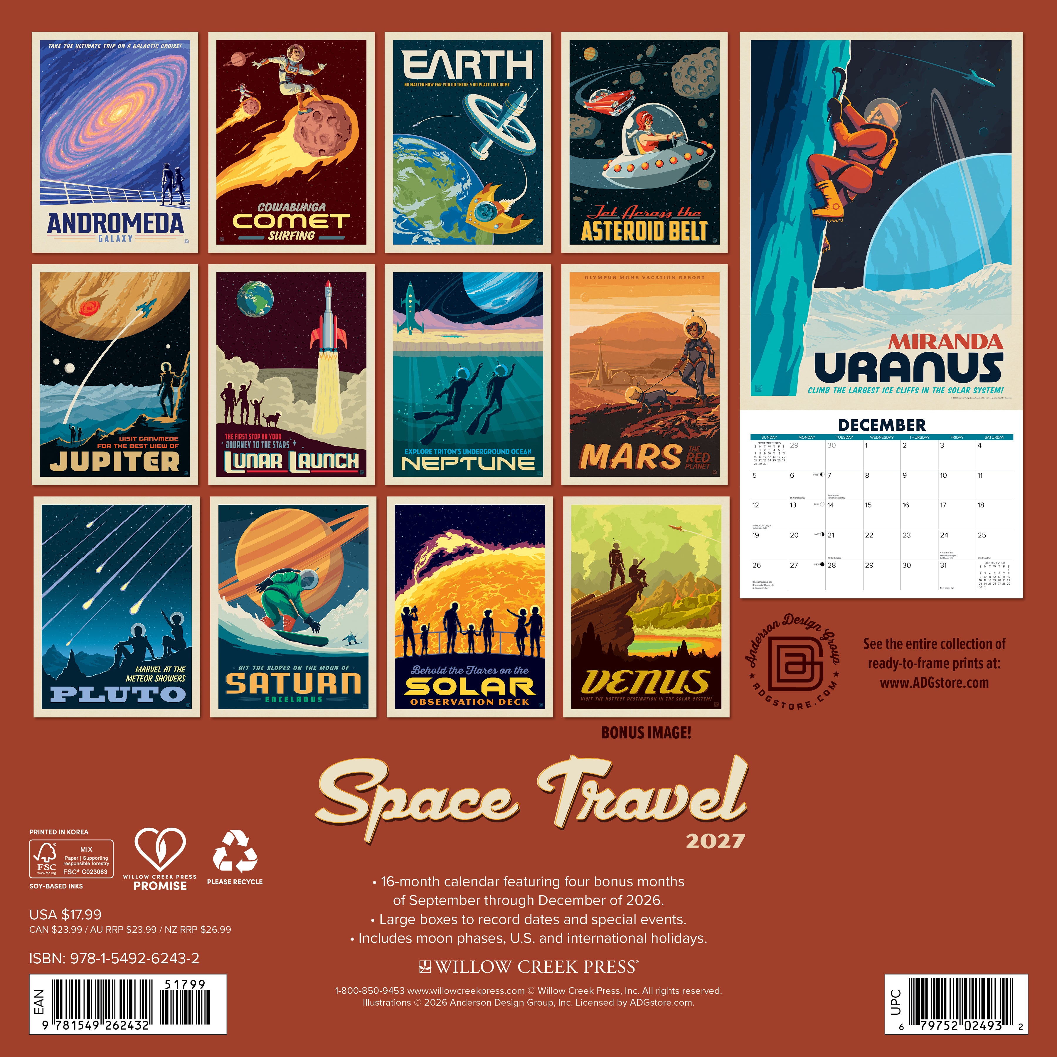 Willow Creek Press, Space Travel (ADG) 2027 Wall Calendar