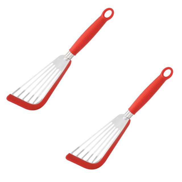 2PC Kitchen Utensils Set Stainless Steel Fish Frying Spatula Silicone Fish Frying Spatula Leakage Spatula Stainless Steel Butterfly Spatula Kitchen Steak Spatula Fan Pan Frying Spatula Red