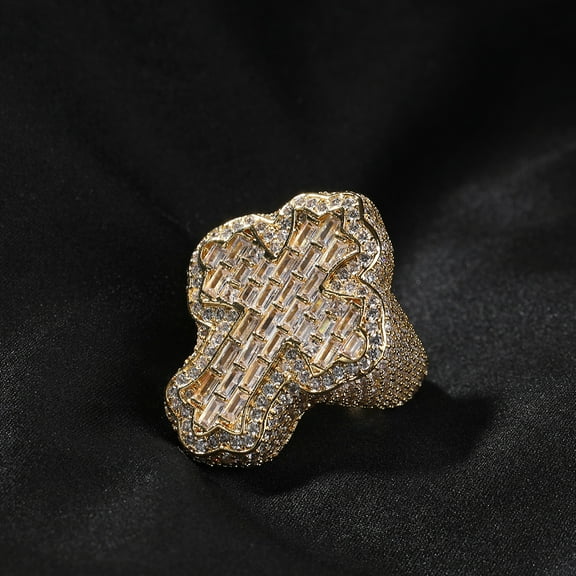 Cross Finger 14K Yellow Gold Ring Iced Out AAAAA Zircon Prong Setting Fashion Luxulry Men Hip Hop Jewelry for Gift