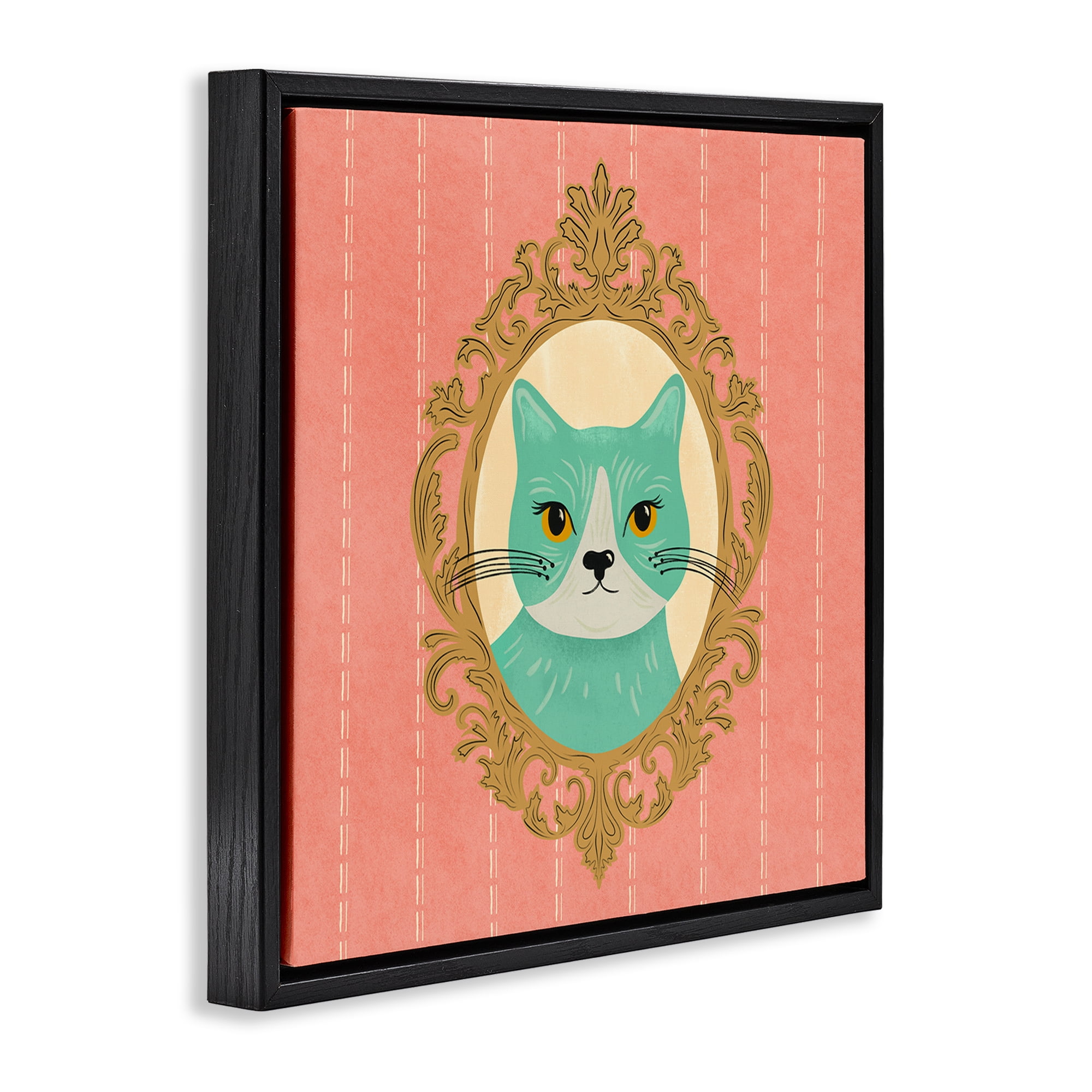 Stupell Industries Green Cat Portrait Animals Painting Black Floater Framed Canvas Art Print Wall Art, 18 x 18
