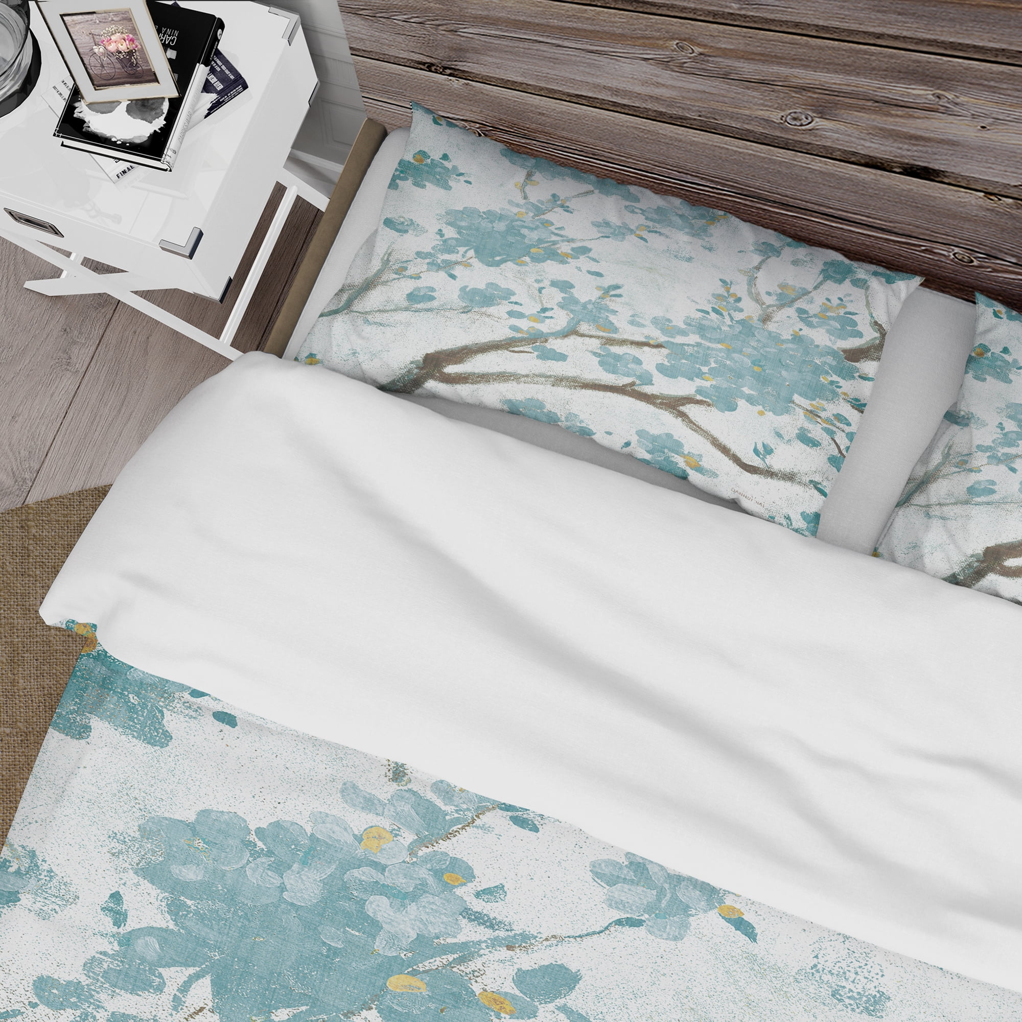 Designart 'Teal Cherry Blossoms I' Farmhouse Duvet Cover Set