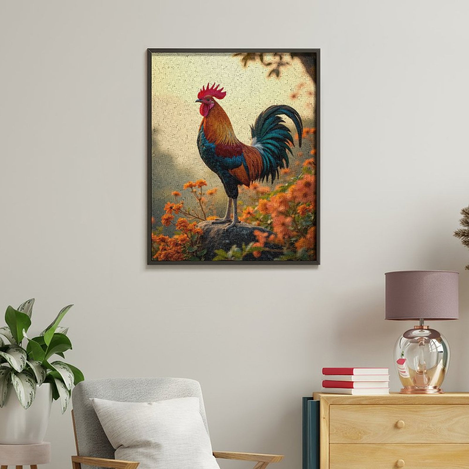 Paint by Numbers Kit for Adults, Sunrise Rooster On Rock Flowers Paint by Numbers, Easy Paint by Numbers Kit for Adults Beginner, DIY Adult Paint by Number Kits on Canvas, Home Decor 12x16in