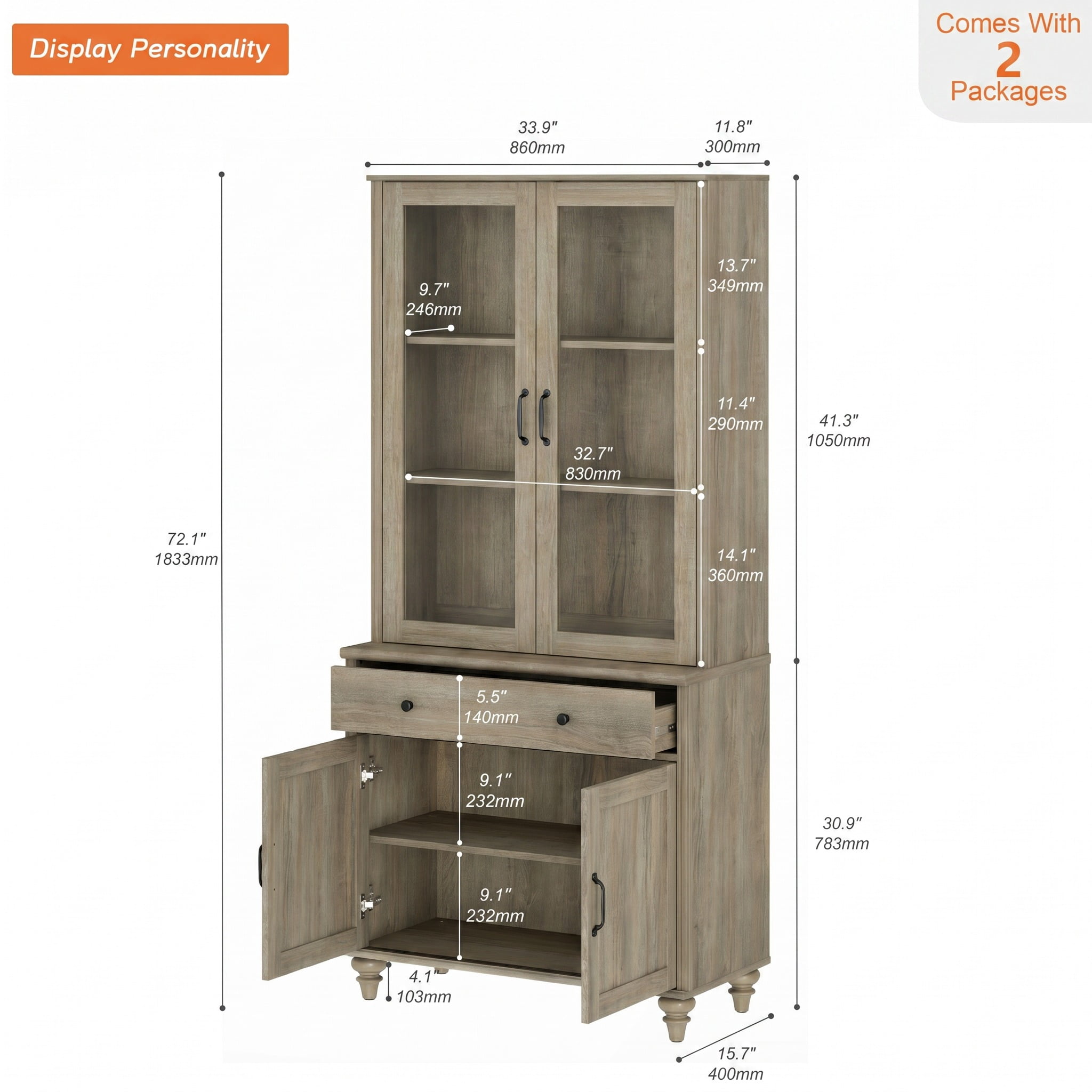 72"H × 34"W 5-Tier Farmhouse Wooden Library Bookcase with Glass Doors & Spacious Storage Cabinet, Freestanding Bookshelf for Living Room, Office & Kitchen, Wash Gray