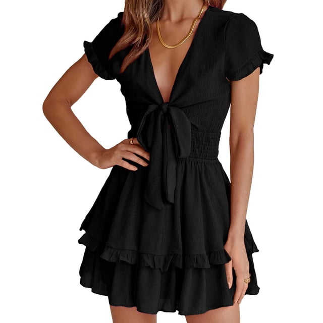 Vestido PRETTYGARDEN 2025 Cuello en V Manga Corta Negro XL
