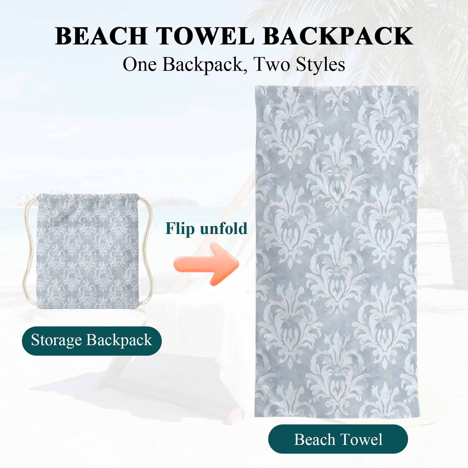 Beach Towel Backpack, Haze Blue Boho 2 in 1 Soft Absorbent Beach Blanket Travel Towels for Pool Swim Gym Picnic, Neutral Middle Century Turkish Pattern Portable Drawstring Bag Large 31.5x63 Inch