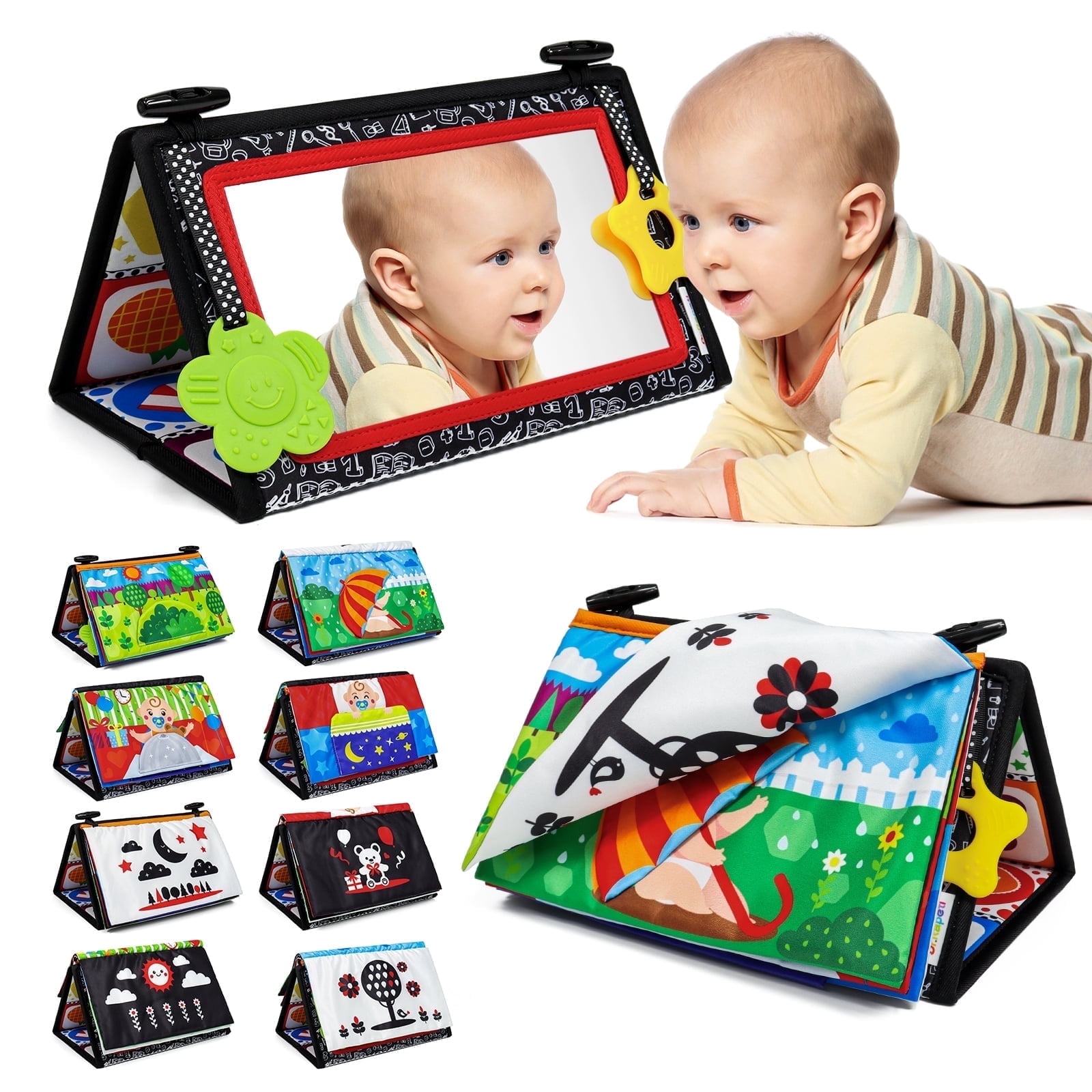 Dr.Rapeti Tummy Time Floor Mirror for Baby Infant Toddler Kids Black and White High Contrast baby toy with Crinkle Cloth Book Teethers Floor Activity Toy Washable