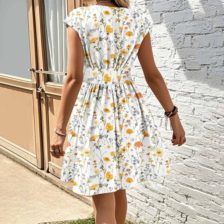 JISngxdf Women Dresses Party Elegant Summer V Neck Floral Printed Casual Short Sleeve Waisted Mini Dress Wedding Guest Cocktail Clubbing Dresses