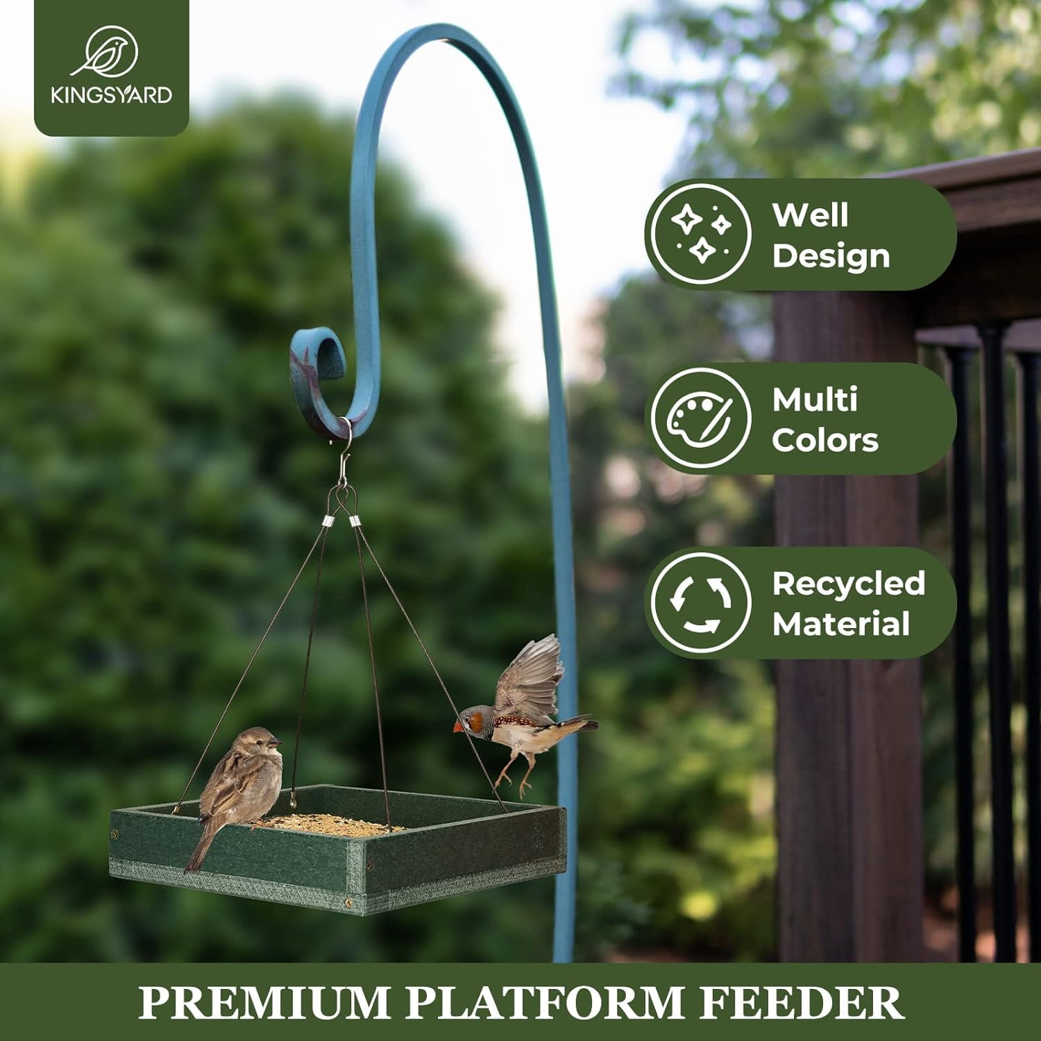 2 Pack Platform Bird Feeder Tray for Outdoor Hanging - Durable Recycled Plastic & Metal Mesh, Large 3.5 lbs Capacity, Ideal for Attracting Large Birds, Green