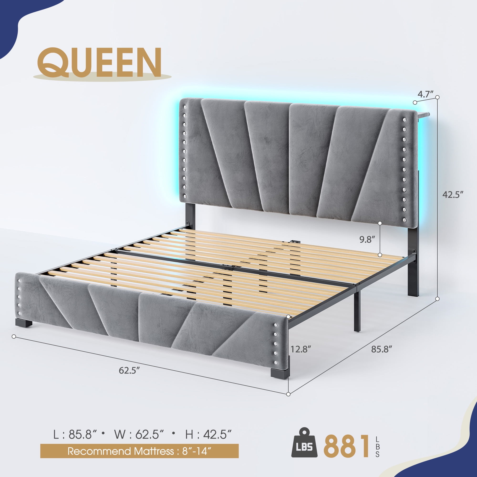 Upholstered Bed Frame with Headboard Queen Size Bed Frame with Charging Station & LED Lights & Storage,Gray