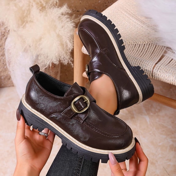 ZunFeo Womens Chunky Loafers Platform Slip On Shoes for Women - Round Toe Casual with Vintage Buckle Brown,Size 6