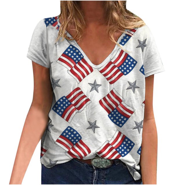 Camiseta informal de moda para mujer con cuello en V y manga corta con estampado de estrellas Fridja hjk4121