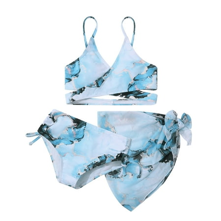 3 Pieces Bikini Kids Wrap Criss Cross Swimsuit Little Girls Print Swimwear with Cover Up Beach Skirt 8-12T