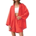 thumbnail image 1 of VISgogo, traje de pantalón informal de dos piezas para mujer, blusas abotonadas con cuello de solapa de color sólido y pantalones cortos holgados con cintura elástica VISgogo moda, 1 of 9
