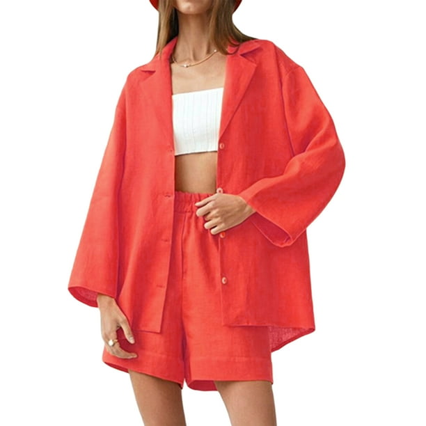 SAYOO , traje de pantalón informal de dos piezas para mujer, blusas abotonadas con cuello de solapa de color sólido y pantalones cortos holgados con cintura elástica SAYOO Moda