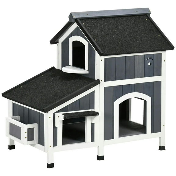 Topcobe Outdoor Cat House with Weather-resistant Roof & Garden Bed, Outdoor Cat Shelter Enclosure with Multiple Entrances, Modern Cat Furniture Hideout, Outdoor Wooden Feral Cat Shelter, Gray