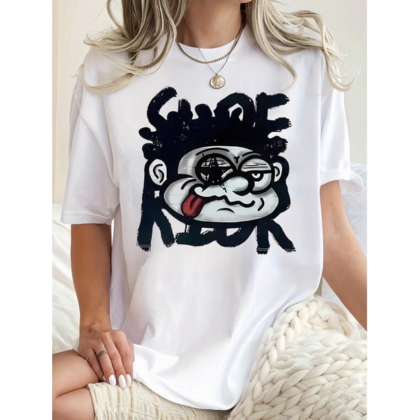 Camiseta Ligera de verano para mujer1pc Women'S Casual Short Sleeve T-Shirt with Creative English Horror Face Print, Fashionable Streetwear, Comfortable Summer Top, Knitted Polyester Fabric, Geometr