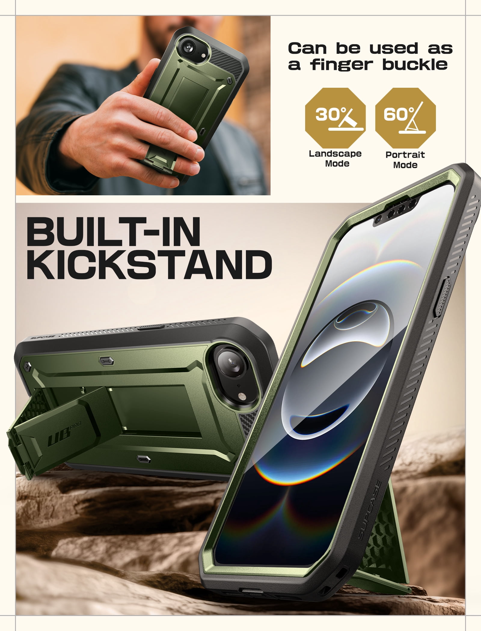 SUPCASE for iPhone 16e Case with Screen Protector (Unicorn Beetle Pro), [Built-in Stand & Belt-Clip] [Military-Grade Protection] Full Body Phone Case for iPhone 16e 6.1'' 2025, Guldan
