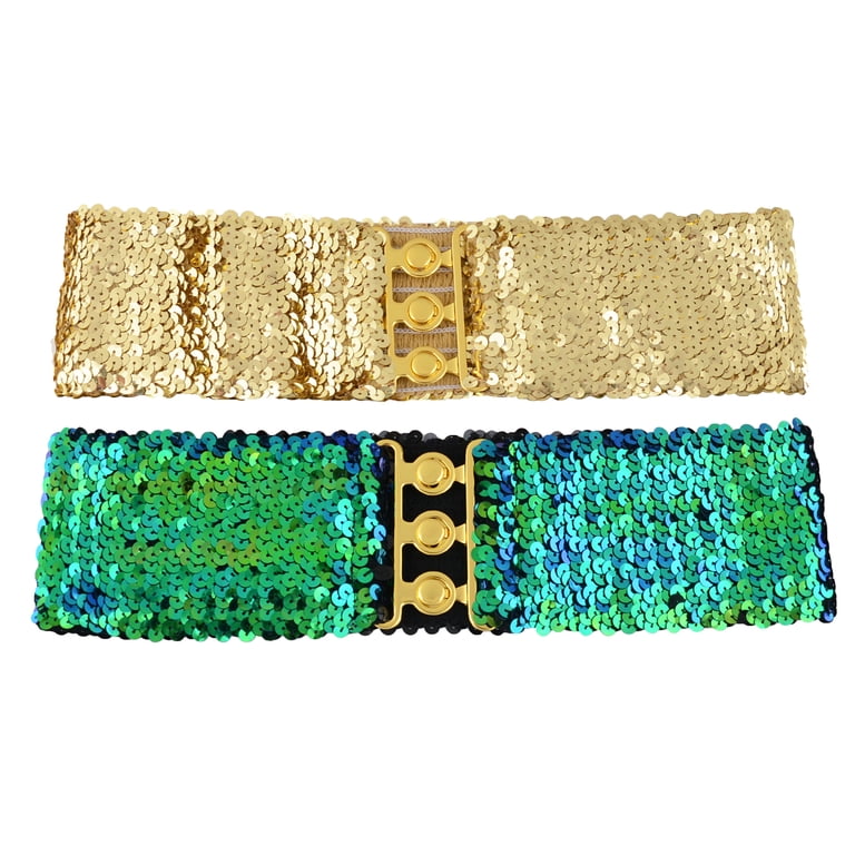 Women's 2-Pack Sparkly Sequin Elastic Belt Wide Decorative Dress Belt for Concert, 2 Pieces(Gold+Mermaid)