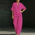 thumbnail image 3 of Two Piece Sets for Women Summer Casual Outfit Sets Fashion Stripes Printed V Neck Short Sleeve Topss and Wide Leg Double Pocket Pants Set Vacation Travel Outfits Fashion 2026, 3 of 6