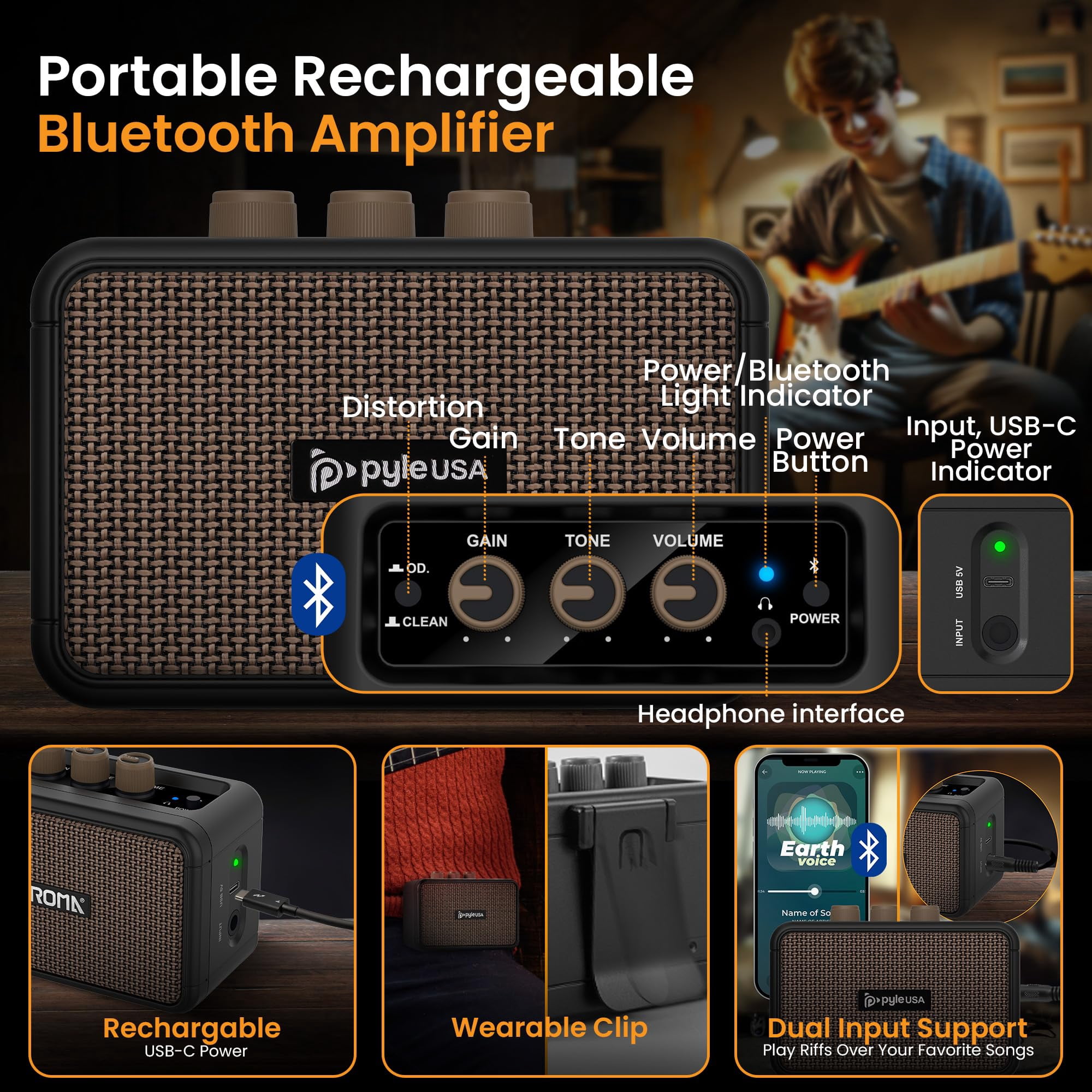 Pyle Full Size Electric Guitar Kit with 5W Amplifier, Gig Bag, Picks, Spare Strings, and Strap, ST-Style Beginner Guitar Bundle with 22 Frets, Paulownia Wood Body, Natural