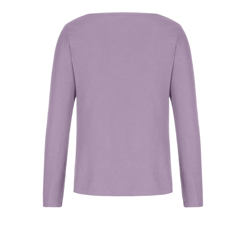 RYRJJ Women's V Neck Waffle Knit Henley Tops Casual Loose Long Sleeve Soft  Comfy Pullover Sweater Blouses(Purple,L)