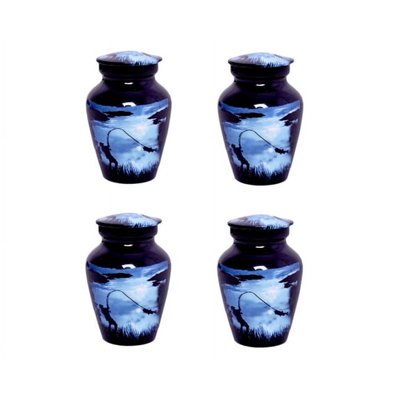 World Bazaar Stylish Cremation Keepsake Urn Set of 4, Blue Aluminum Mini Urn with Velvet Bag