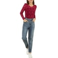 thumbnail image 2 of MODA NOVA Junior's Round Neck Long Sleeve Semi Sheer Floral Lace Blouse Red XS, 2 of 5