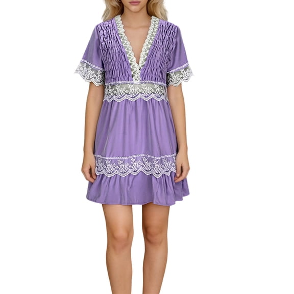 Admvng Womens Lace Trim Dress V-Neck Short Sleeve Tiered Casual Dress