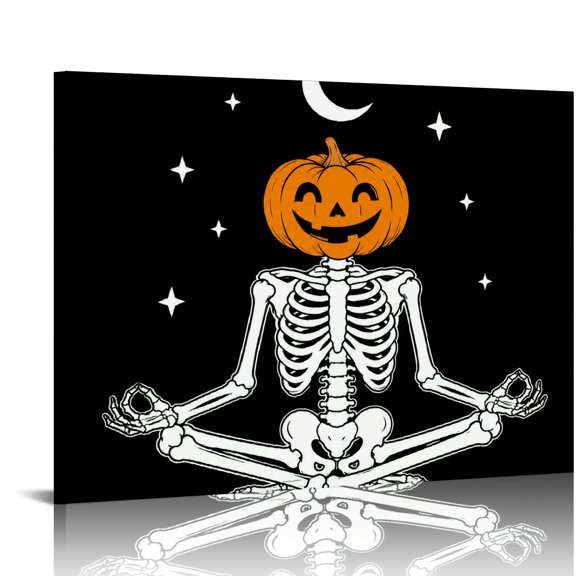 Creowell Meditating Pumpkin Skeleton HD Print Framed Canvas Wall Art, Ready An Excellent Gift Choice, Wall Art Suitable For Living Room Bedroom Kitchen Classroom Studio Family