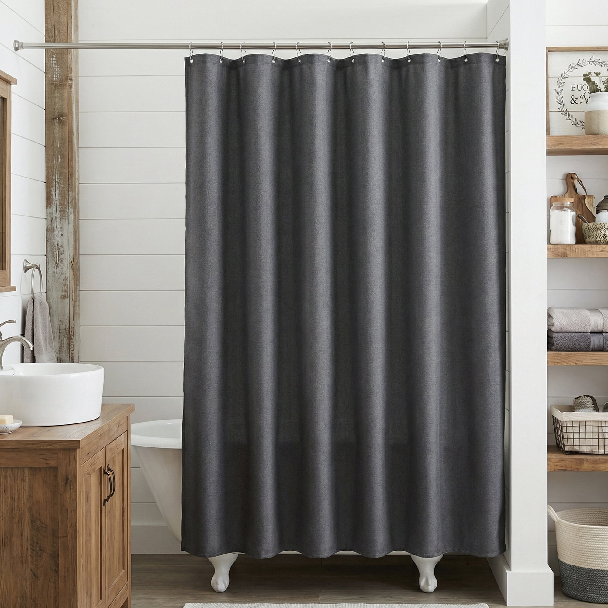 Unique Bargains Solid Color Linen-Like Shower Curtain with Hooks Grey 71"W x 71"L