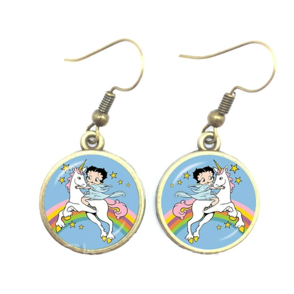Betty Boop Riding a Unicorn with Rainbow Goldtone Dangle Drop Earrings Jewel 215-BB-3