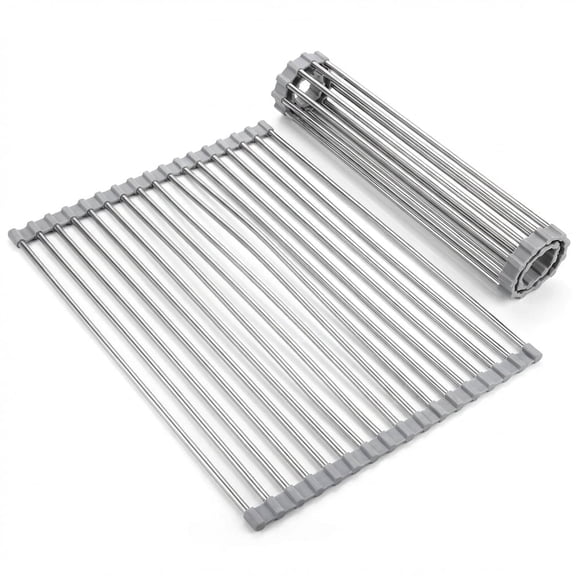 1 Pack 18.5" x 15.7" Roll-Up Dish Drying Rack, Over-Sink Foldable Kitchen Sink Rack, Anti-Slip Multipurpose Stainless Steel Drying Rack for Plates, Pots & Utensils, Gray