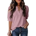 thumbnail image 2 of Uootdi Blouses for Women Dressy Casual Short Sleeve V Neck Eyelet Knit Puff Sleeve Loose Fit Office Commute Tops Gift, 2 of 3