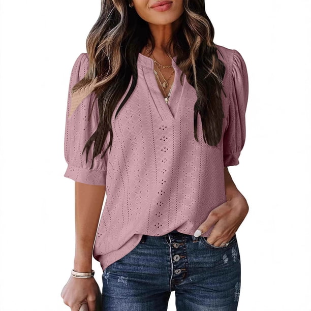 Mujeres de Manga Corta Tops Cuello en V de la Manga de la Moda Hueca Delgada Casual Top Color Sólido para Primavera Verano