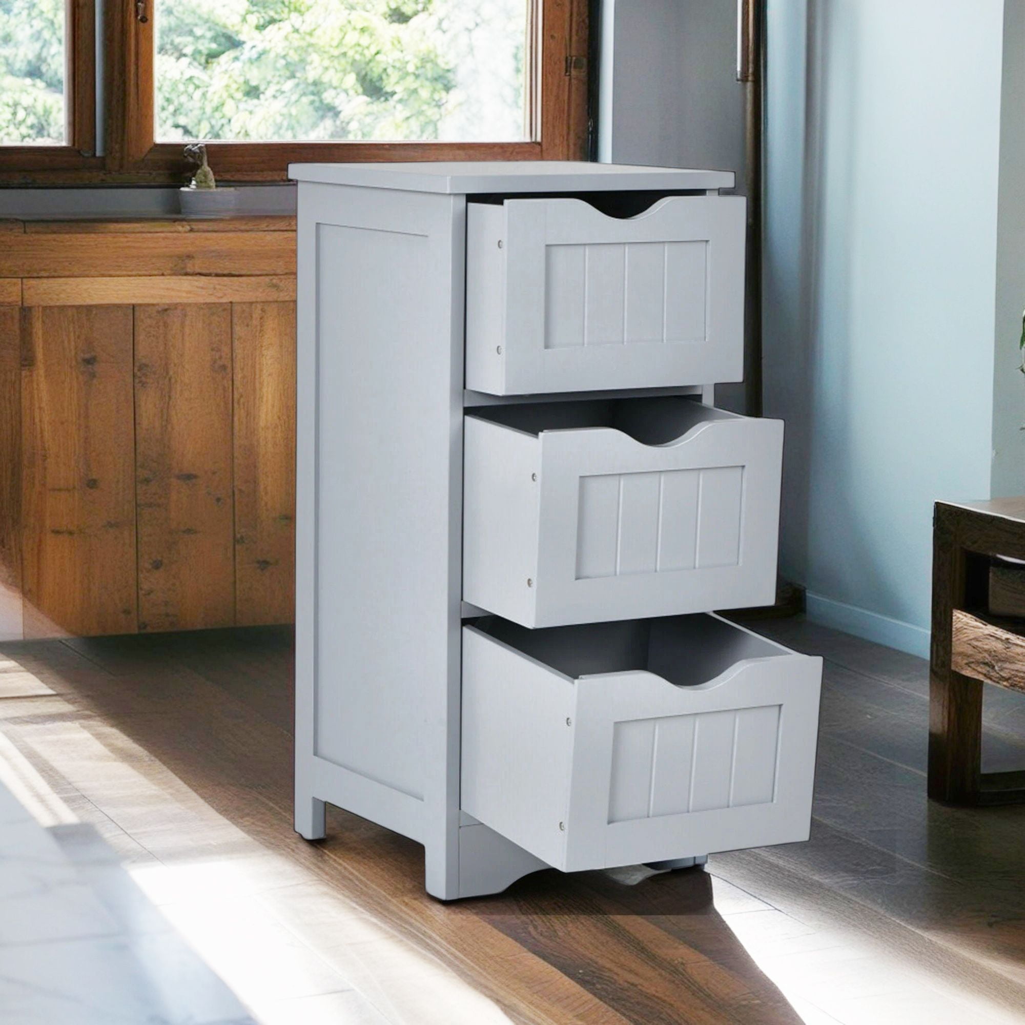 Demi Bonn Bathroom Storage Cabinet, Bathroom Floor Cabinet, Bathroom Floor Freestanding Storage Organizer with 3 Drawers, for Bathroom, Living Room, Bedroom, Kitchen, Gray