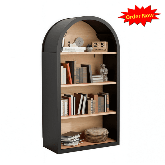 Tcbosik 4-Tier Arched Bookshelf, Farmhouse Display Storage Rack, Bookcase with Open Shelves, Indoor Plant Stand for Home Office, Black