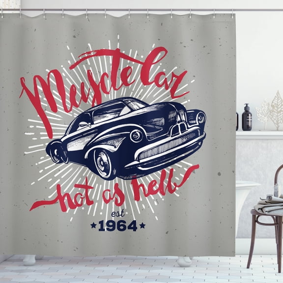Ambesonne Cars Shower Curtain, Muscle Car Hot as Hell, 69"Wx70"L, Navy Blue Red Pale Grey
