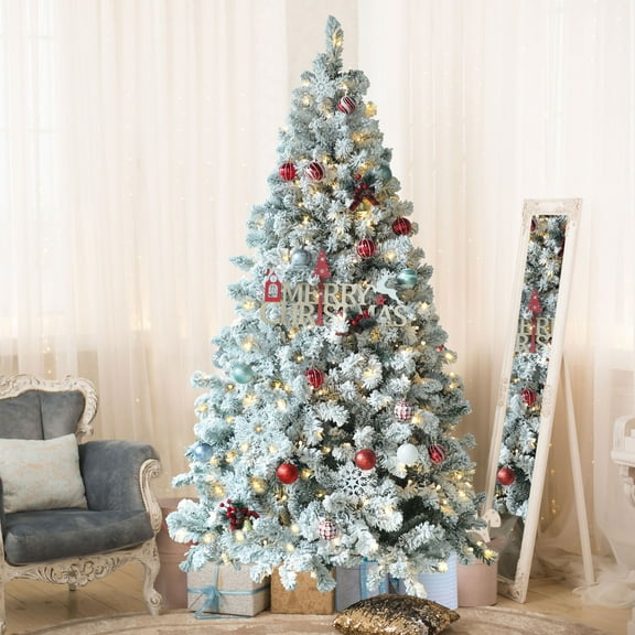 VEIKOUS 7.5ft Prelit Christmas Tree W/ Snow Flocked Branches, 500 LED Lights & 1135 Tips, Green