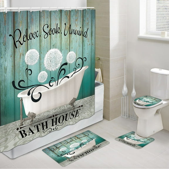 Rustic Farmhouse Shower Curtain Set with Hooks, Bathroom Sets with Shower Curtain and Rugs, Toilet Lid Cover and Bath Mat, Turquoise Dandelion with Bathtub Bathroom Shower Curtain Set