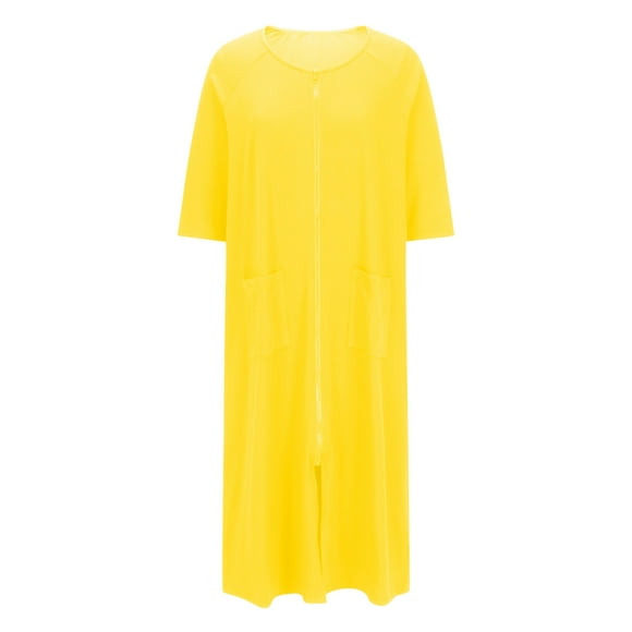 Women Robes Zipper Front 3/4 Sleeve Long Housecoat with Pockets Lightweight Loungewear Bathrobe Pajamas for Women Yellow S
