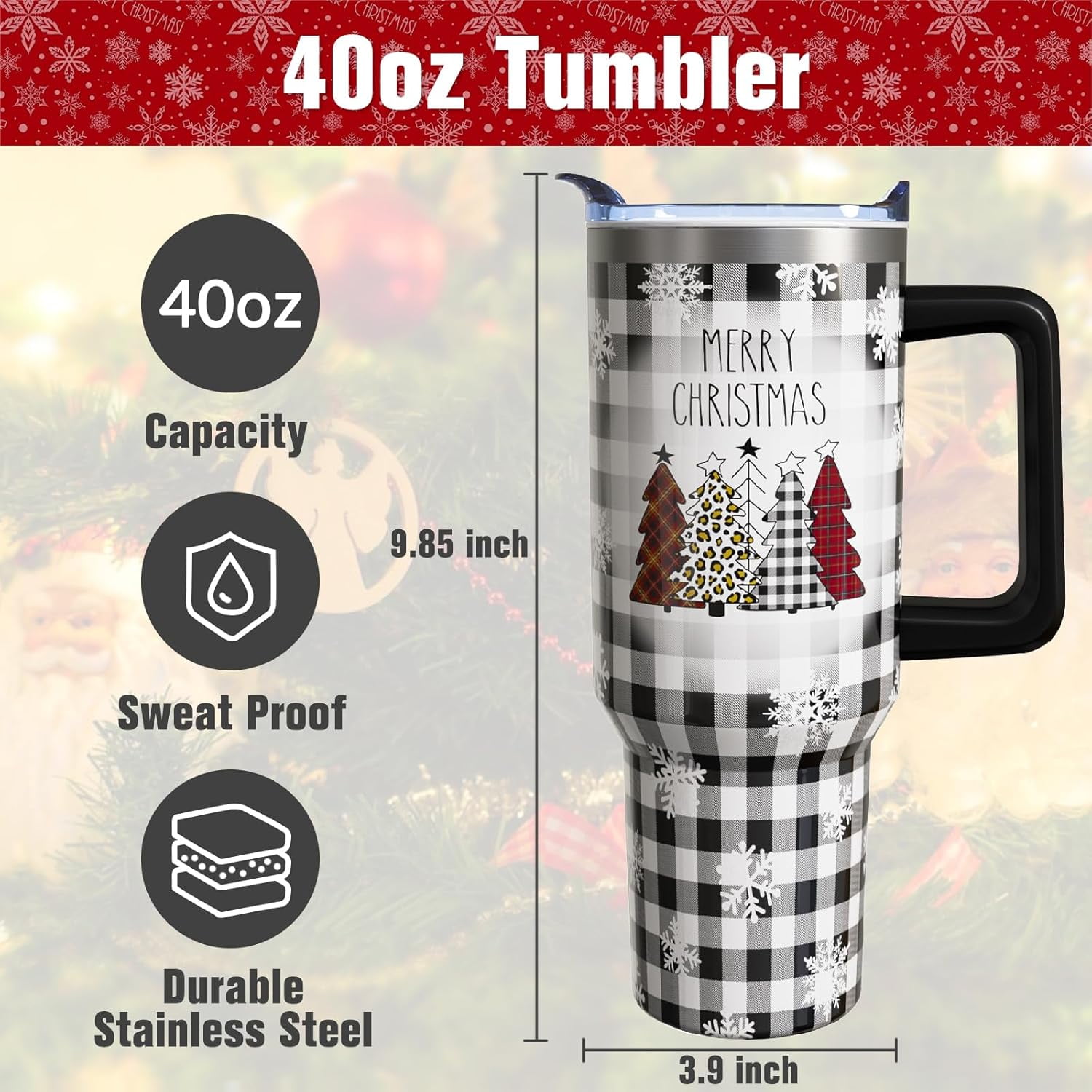 40 oz Christmas Tumblers with Handle and Straw, Christmas Tree Buffalo 40oz Stainless Steel Vacuum Insulated Travel Coffee Mug Cup Water Bottle, Christmas Decor Stuff Accessories Gifts for Women